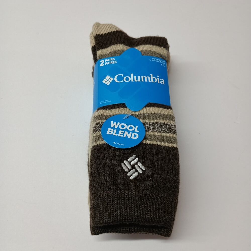 Columbia 2 Pack Brown Striped Wool Blend Comfort Crew Socks Men's‎ Size 6-12 NWT